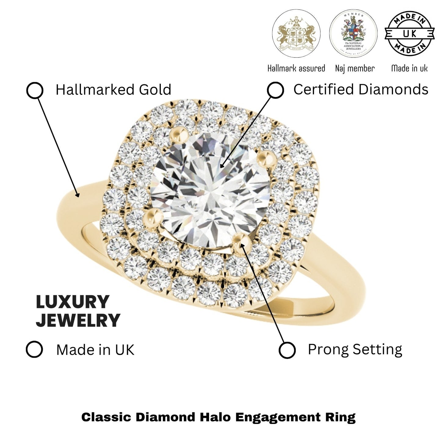 2.00Ct Lab Grown Round Diamond Halo Engagement Ring 18K Yellow Gold