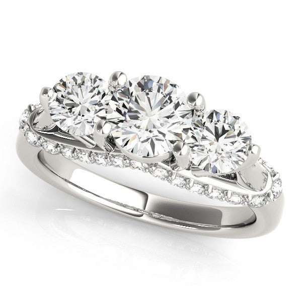 Diamond ring with three circular diamonds on a white background