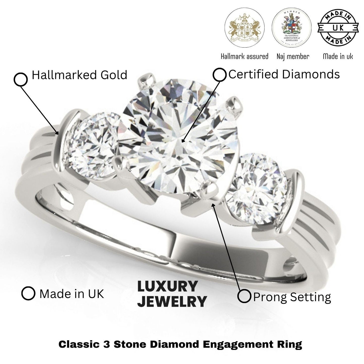 Three-stone diamond engagement ring with hallmarking details on a white background