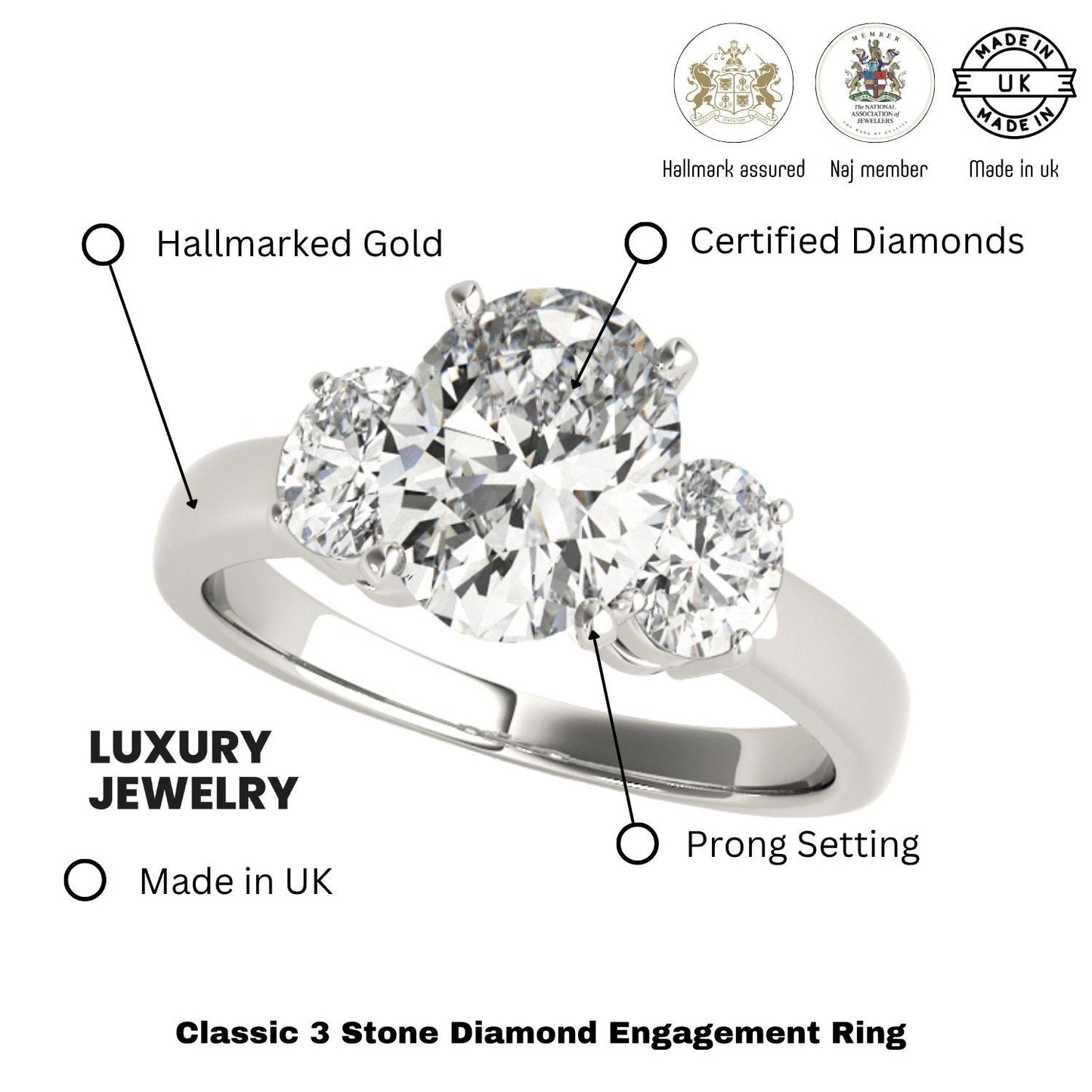 18k White gold Oval cut Trilogy Engagement Ring – 2Ct DE/VS Lab Grown Diamonds