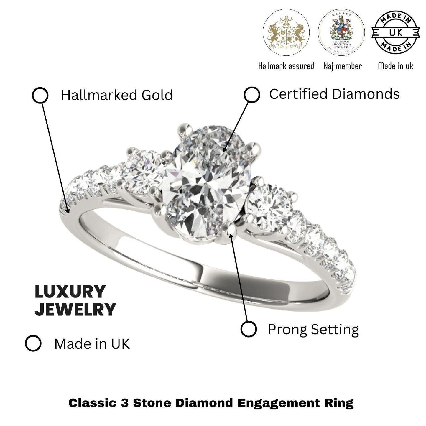 2.00CT Lab Grown Oval Diamond Trilogy Engagement Ring Platinum
