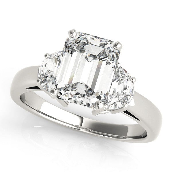 Lab-Grown Emerald Cut Diamond Trilogy Engagement Ring 18K White Gold