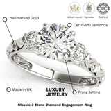 Lab Grown Round Diamond Designer 3 Stone Engagement Ring Platinum