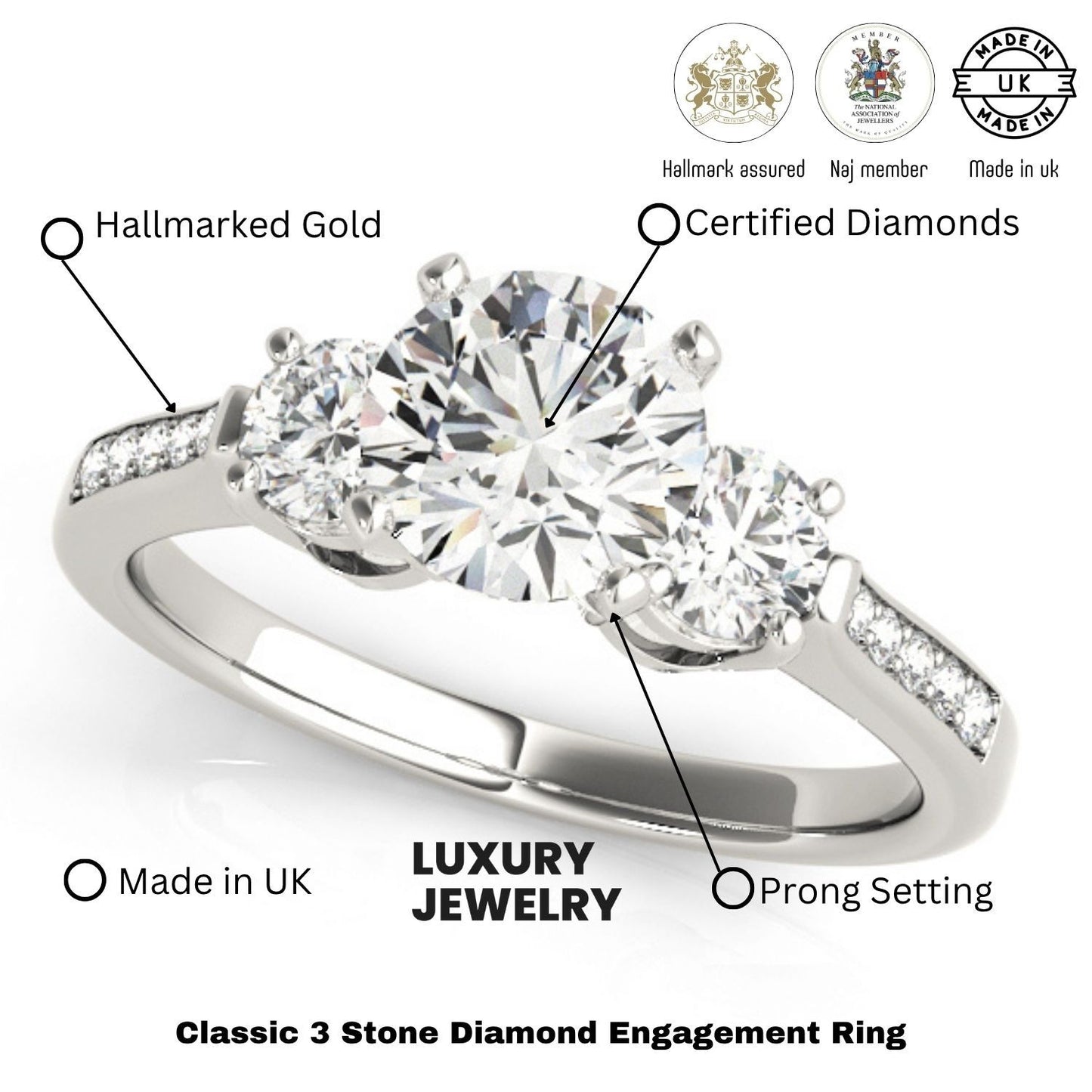 0.50Ct To 2.00Ct Lab Grown Round Diamond 3 Stone Engagement Ring Platinum