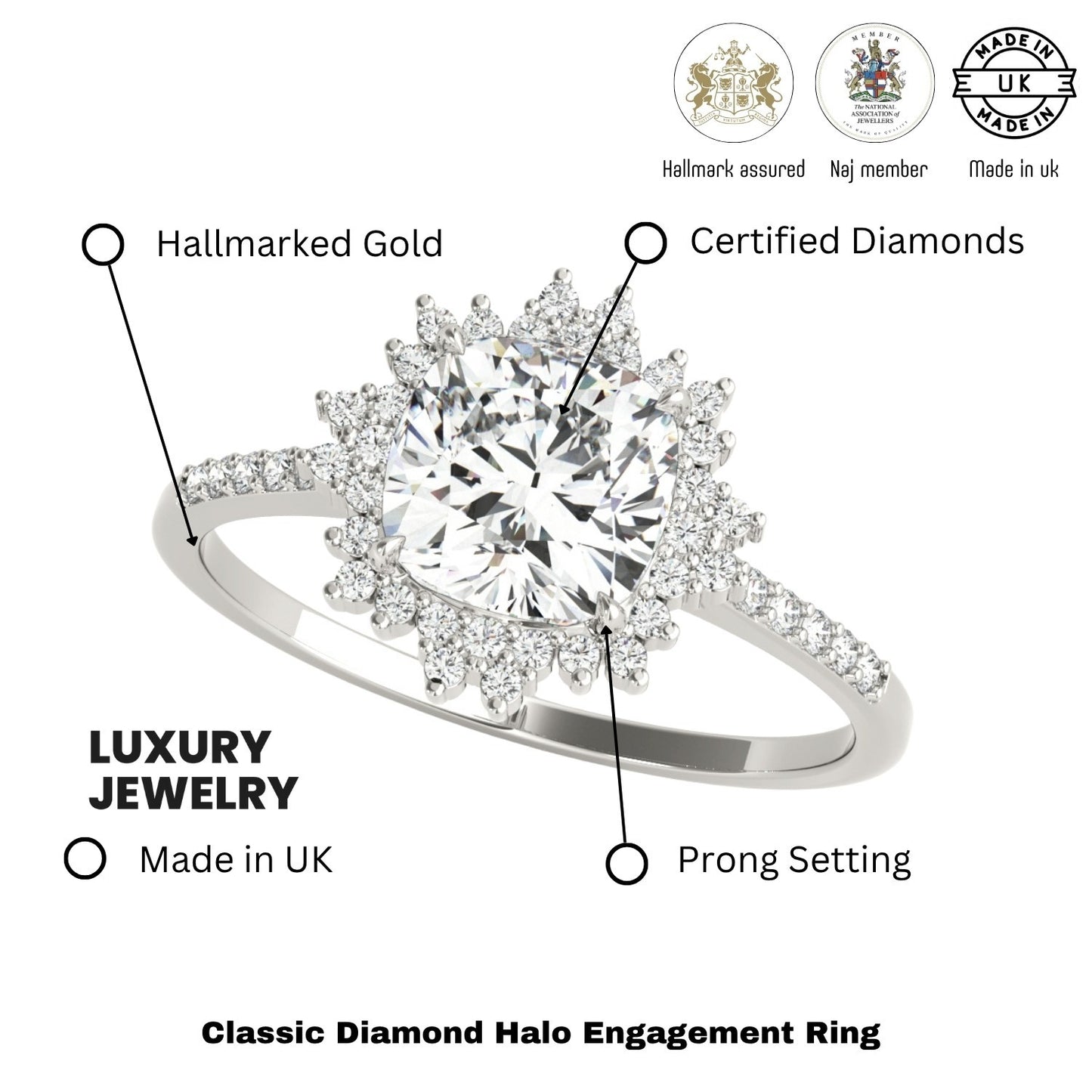 Lab-Grown Diamond Halo Engagement Ring in Platinum UK Hallmarked