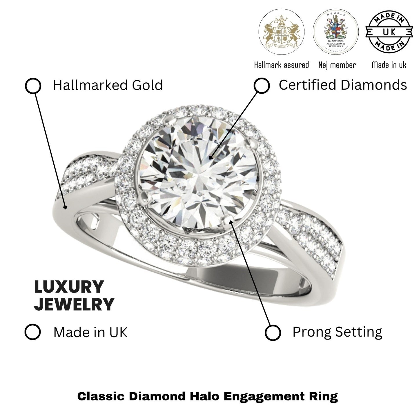 2.00 Ct Lab Grown Round Diamond Halo Engagement Ring 18K White Gold