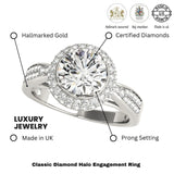 Verlobungsring mit Halo-Fassung, besetzt mit einem 2,00 Karat schweren, im Labor gezüchteten, runden Diamanten, 18 Karat Weißgold