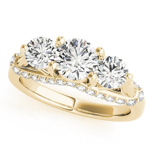 Gold ring with three circular diamonds on a white background
