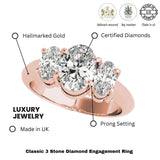 Verlobungsring mit drei Steinen, ovalem, im Labor gezüchtetem Diamanten – 18 Karat Roségold