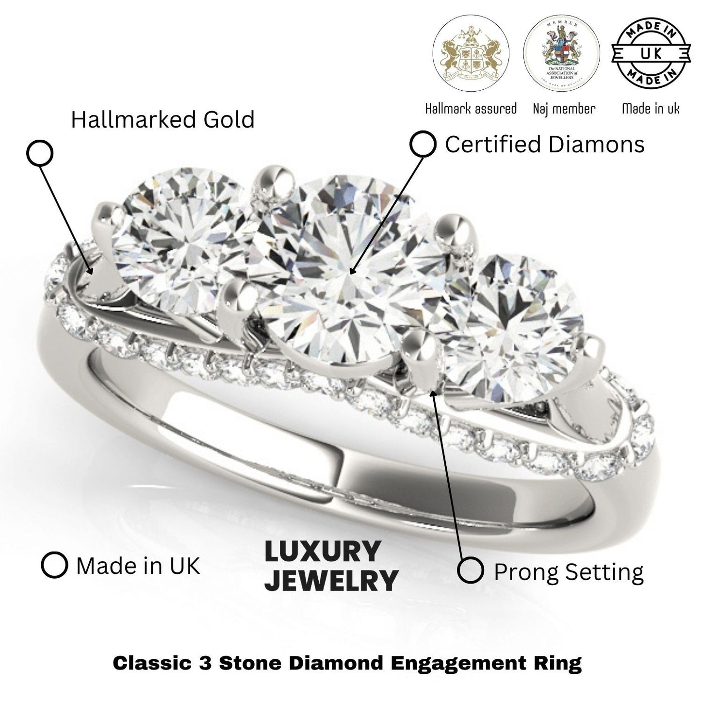 Diamond engagement ring with hallmarking details on a white background