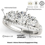 Diamond engagement ring with hallmarking details on a white background