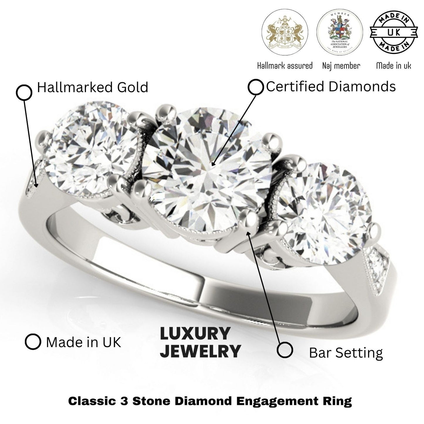 2.00Ct Lab Grown Round Diamond 3 Stone Engagement Ring Platinum