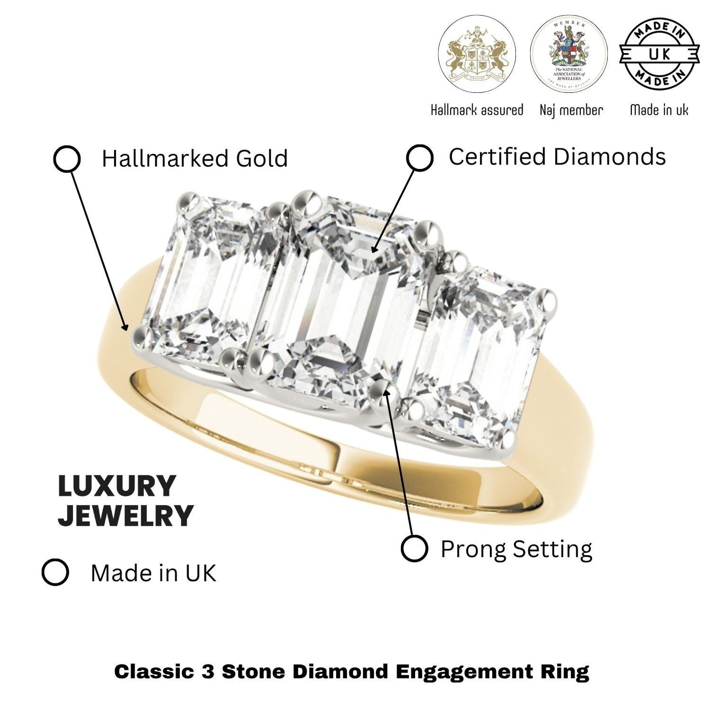 Lab Grown Emerald Cut Diamond Ring 18K Yellow Gold Trilogy Ring