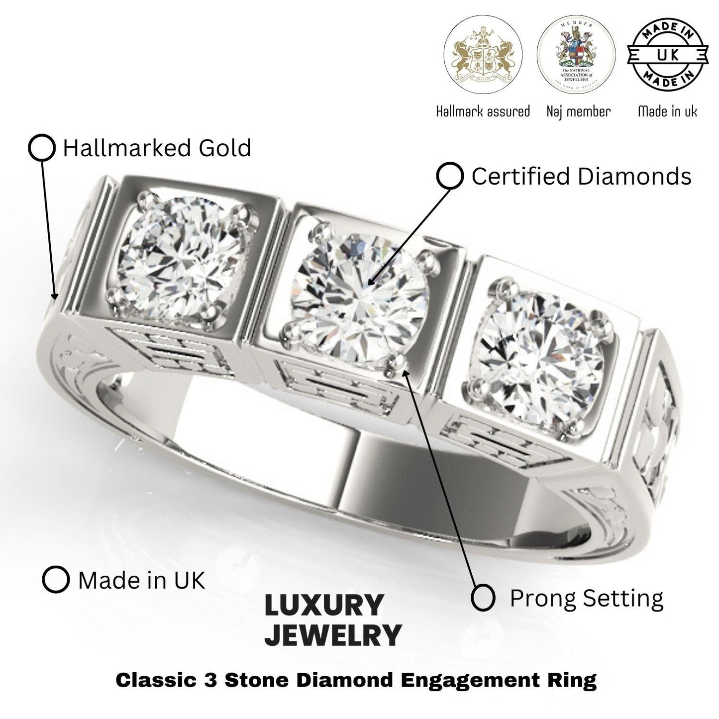 2.00Ct Lab Grown Round Diamond 3 Stone Engagement Ring In Platinum