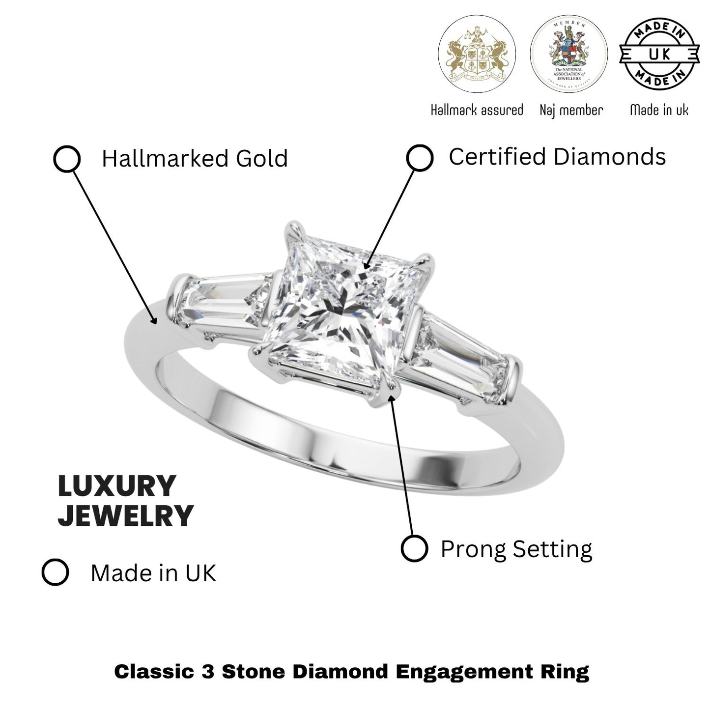 Lab-Grown Square Cut Diamond 3 Stone Engagement Ring