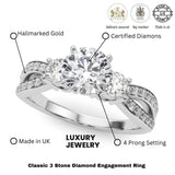 Diamond engagement ring with hallmarking details on a white background