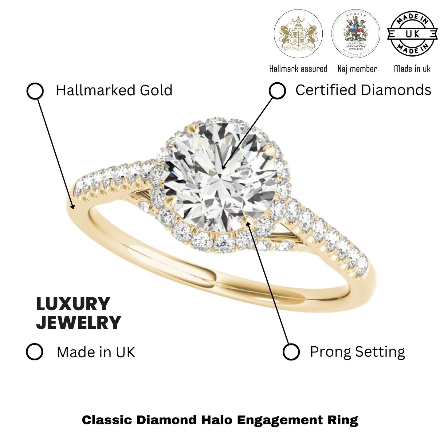 Lab Grown Round Diamond Halo Engagement Ring 18K Yellow Gold