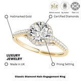 Bague de fiançailles en or jaune 18 carats avec halo de diamants ronds de laboratoire