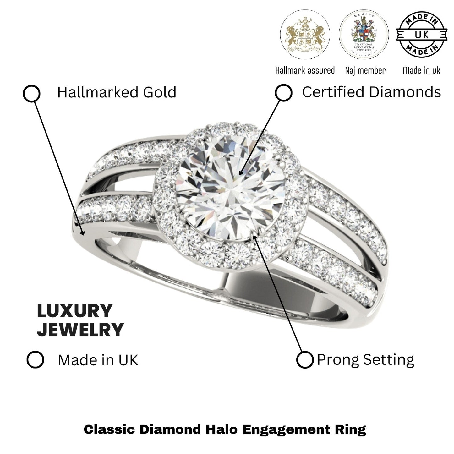 2.00Ct DE/VS Lab Grown Round Diamond Halo Engagement Ring 18K White Gold