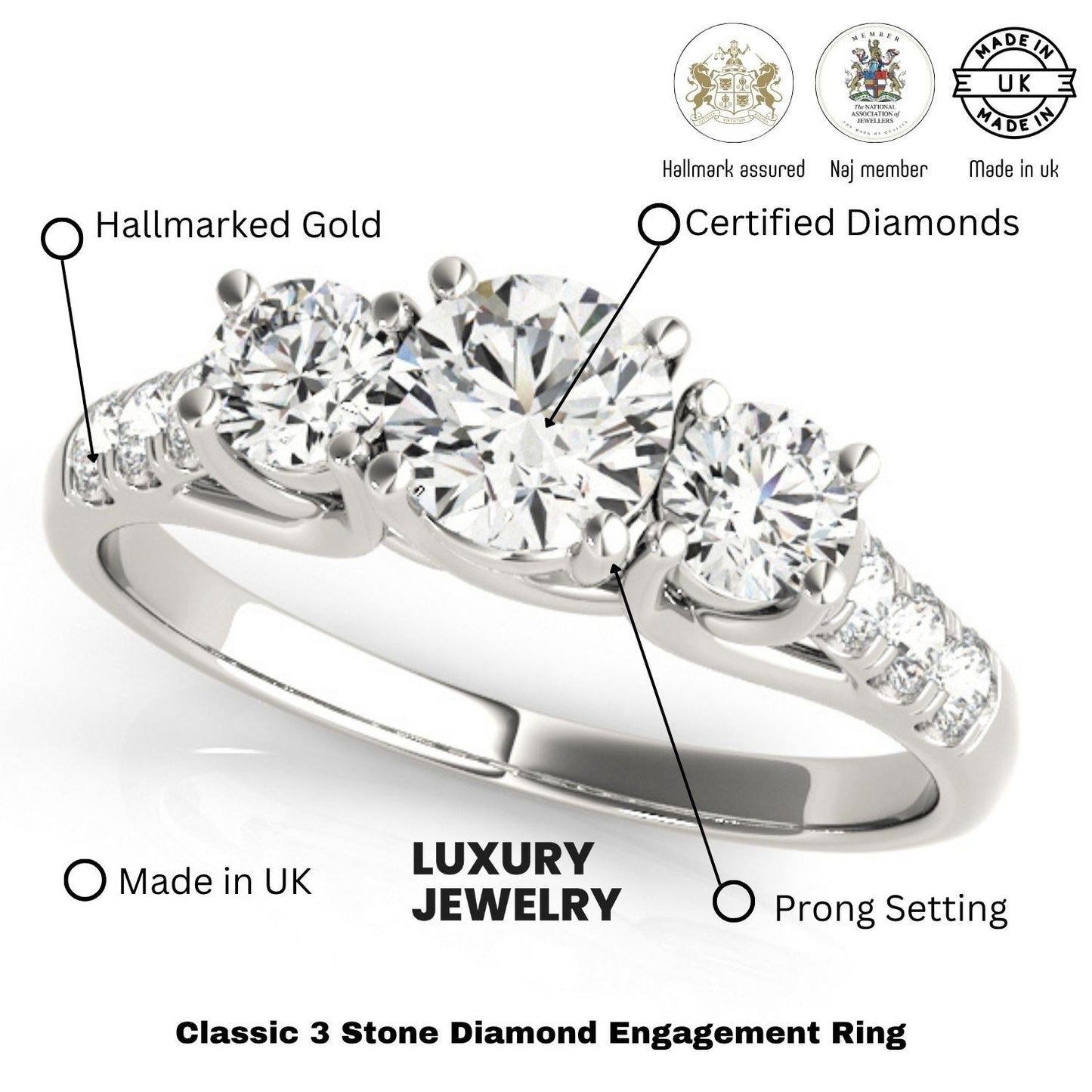 Lab Grown Round Cut Diamond 3-Stone Engagement Ring In DE/VS 0.50Ct To 2.00Ct