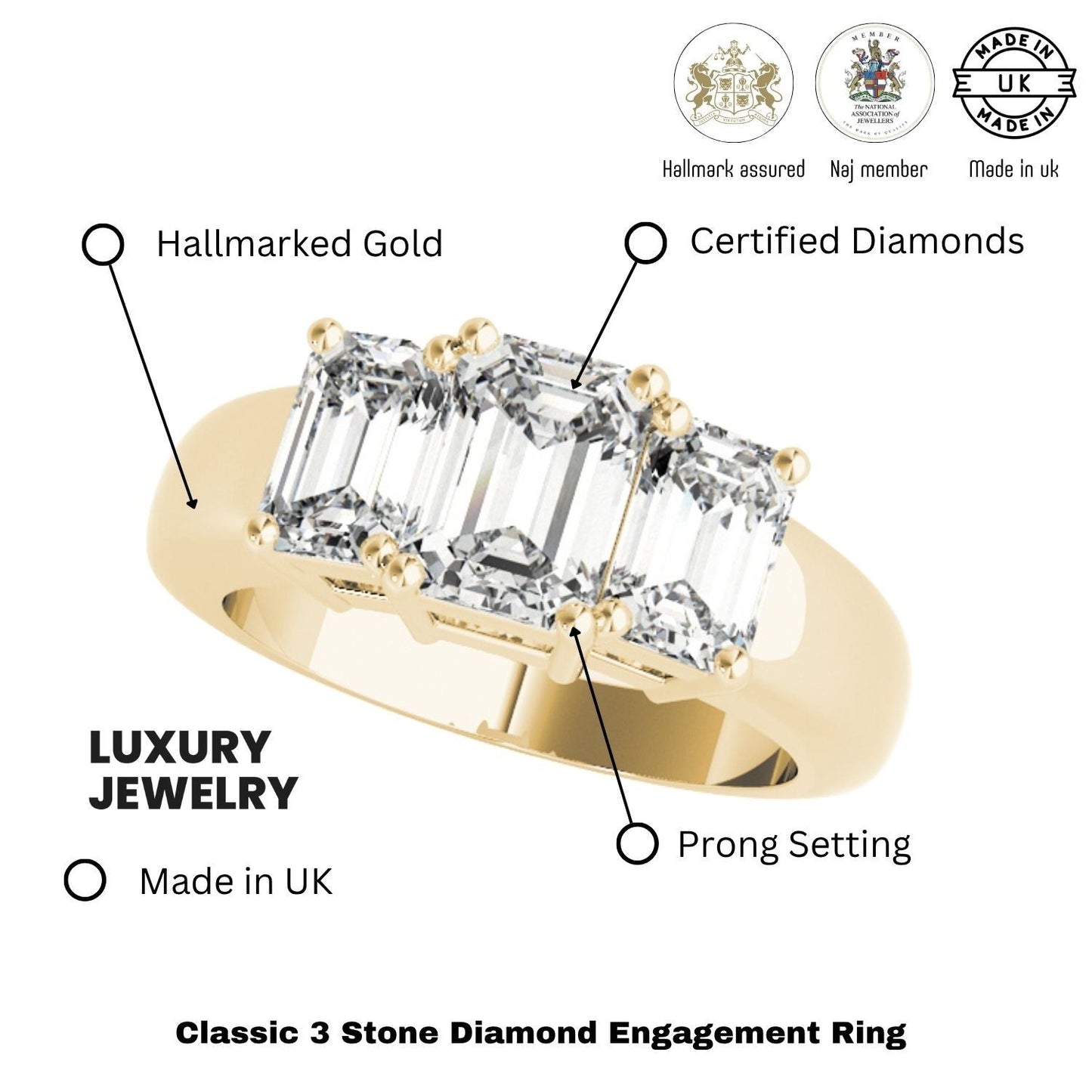 Lab Grown Emerald Cut Diamond Ring 18K Yellow Gold 3 Stone Ring