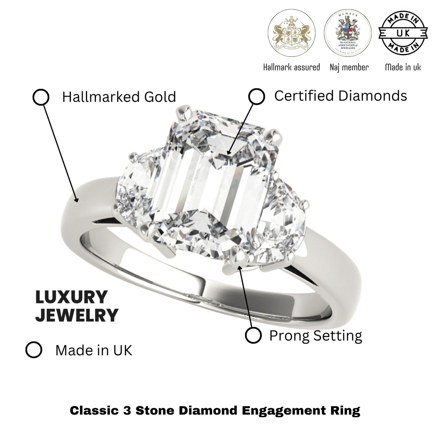 Lab-Grown Emerald Cut Diamond Trilogy Engagement Ring 18K White Gold