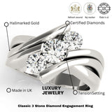 Silver ring with three diamonds, labeled for hallmarking, certification, and tension setting on a white background.