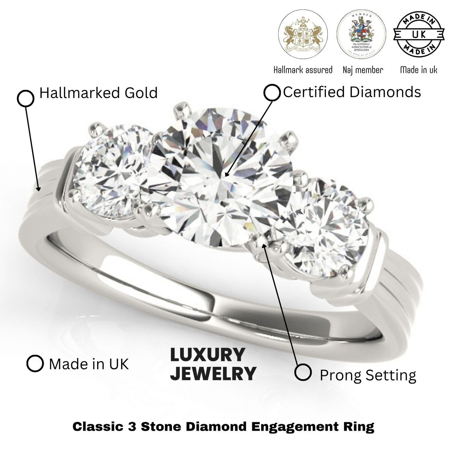 Round Cut Lab Grown Diamond Claw Set Trilogy Engagement Ring Platinum In DE/VS 2.00Ct