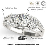 Diamond engagement ring with hallmarking details on a white background