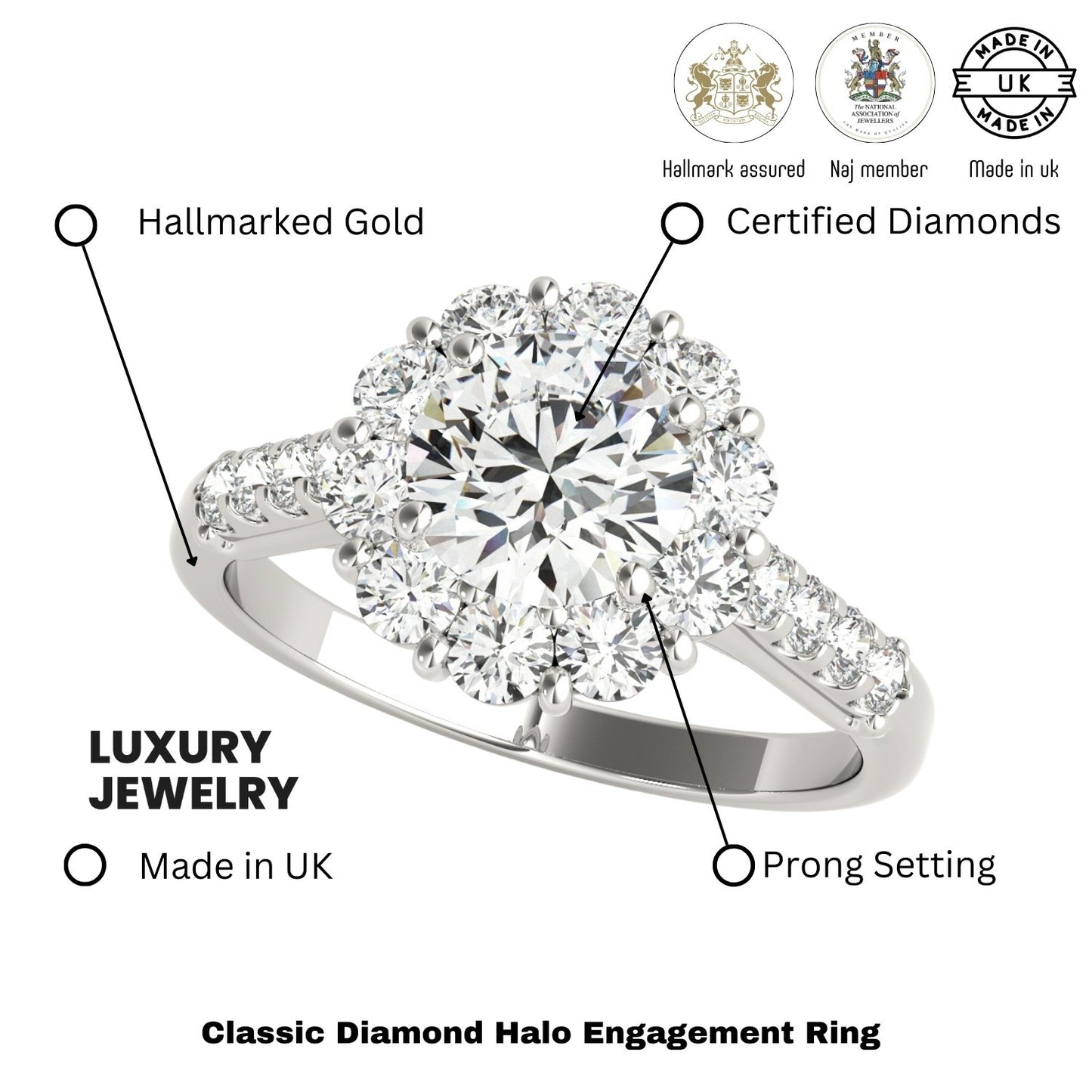 2.00 Ct DE/VS Lab Grown Round Diamond Halo Engagement Ring in Platinum