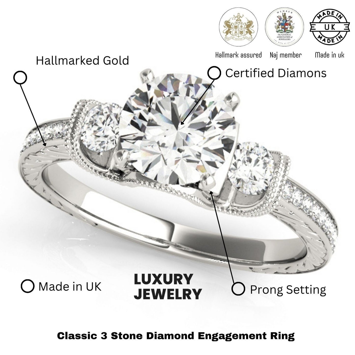 2.00Ct Round Lab Grown Diamond 3 Stone Designer Engagement Ring Platinum