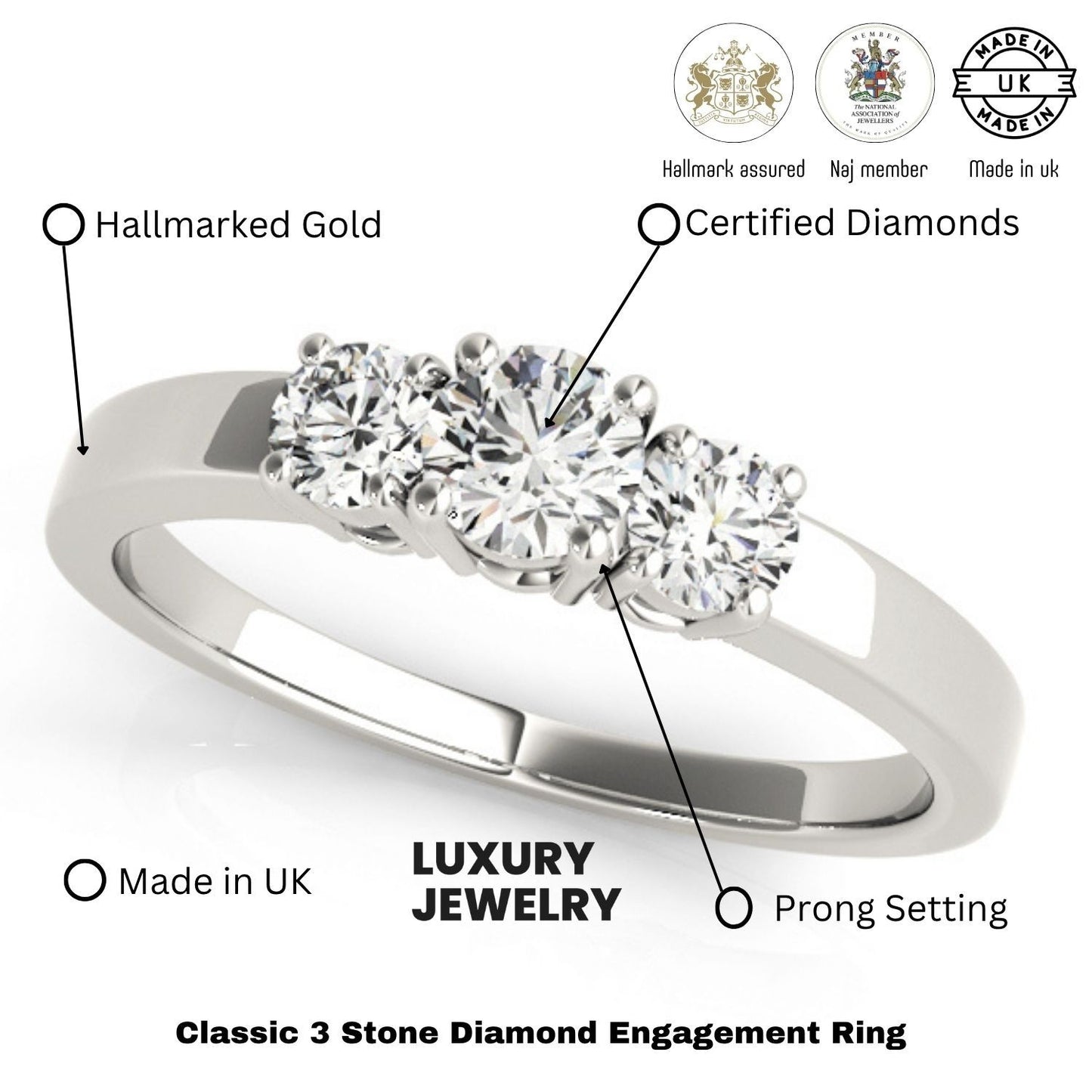 Lab Grown Round Diamond 3 Stone Engagement Ring Platinum - 0.50Ct - 2.00Ct