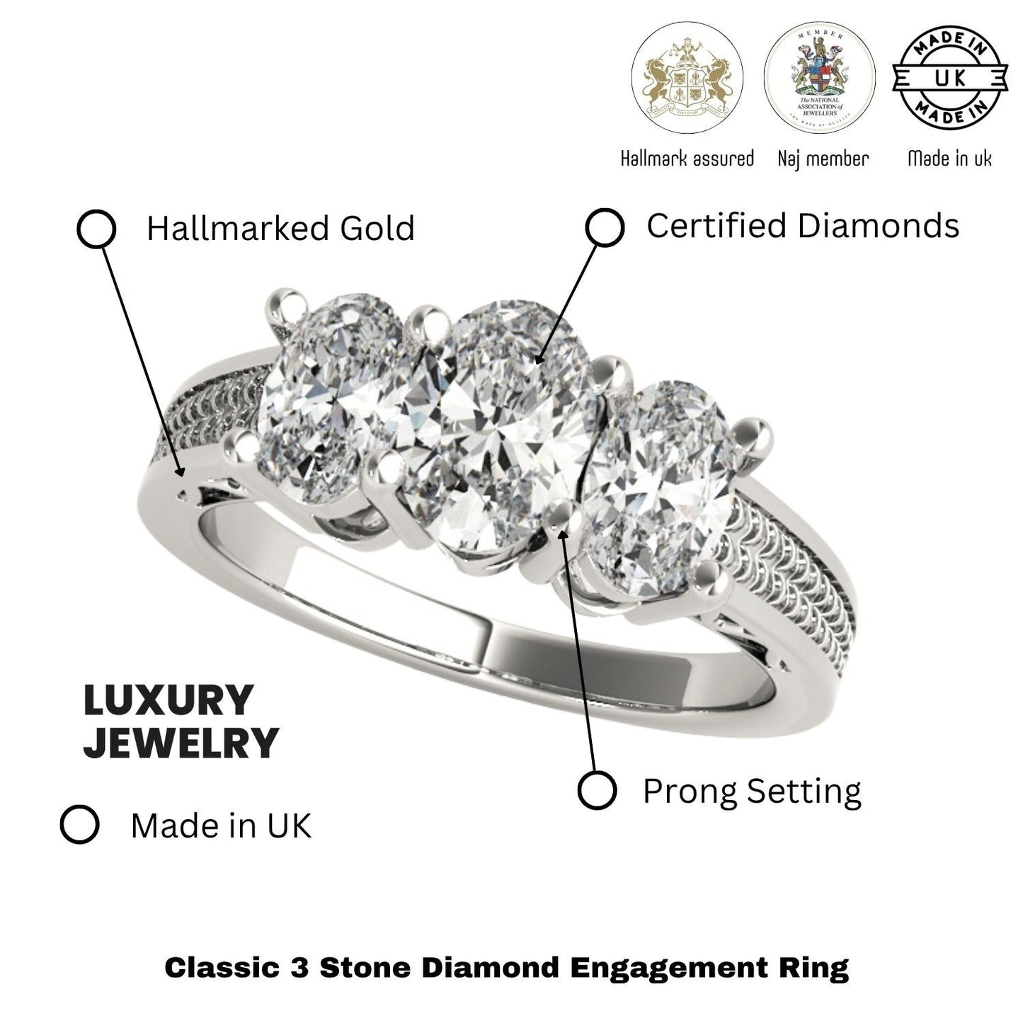 Lab-Grown Oval Diamond 3 Stone Engagement Ring In 18K White Gold