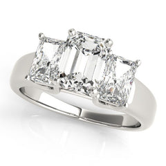 Diamond ring with three princess-cut diamonds on a white background