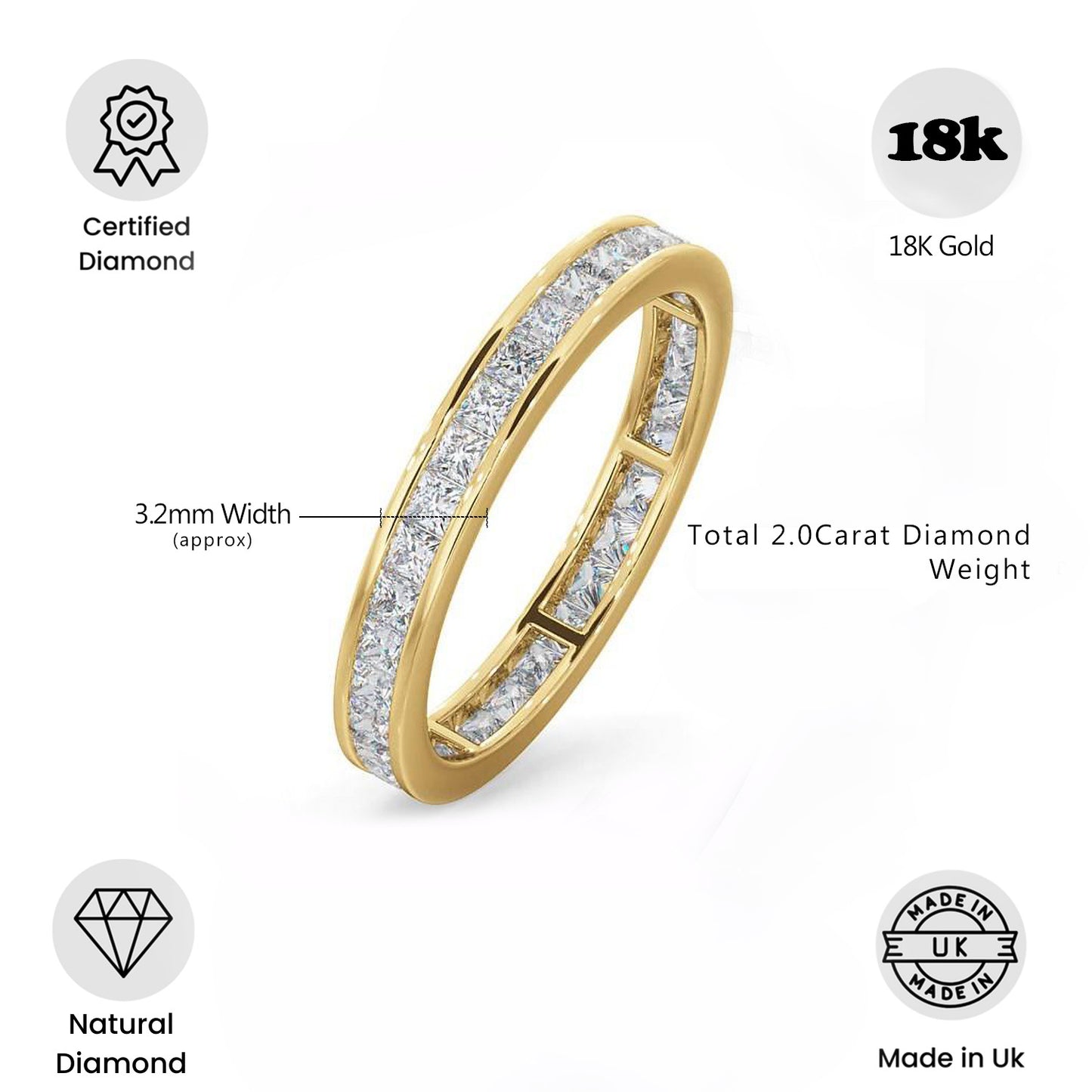 2.00Ct Princess Cut Diamond Channel set Full Eternity Wedding Ring