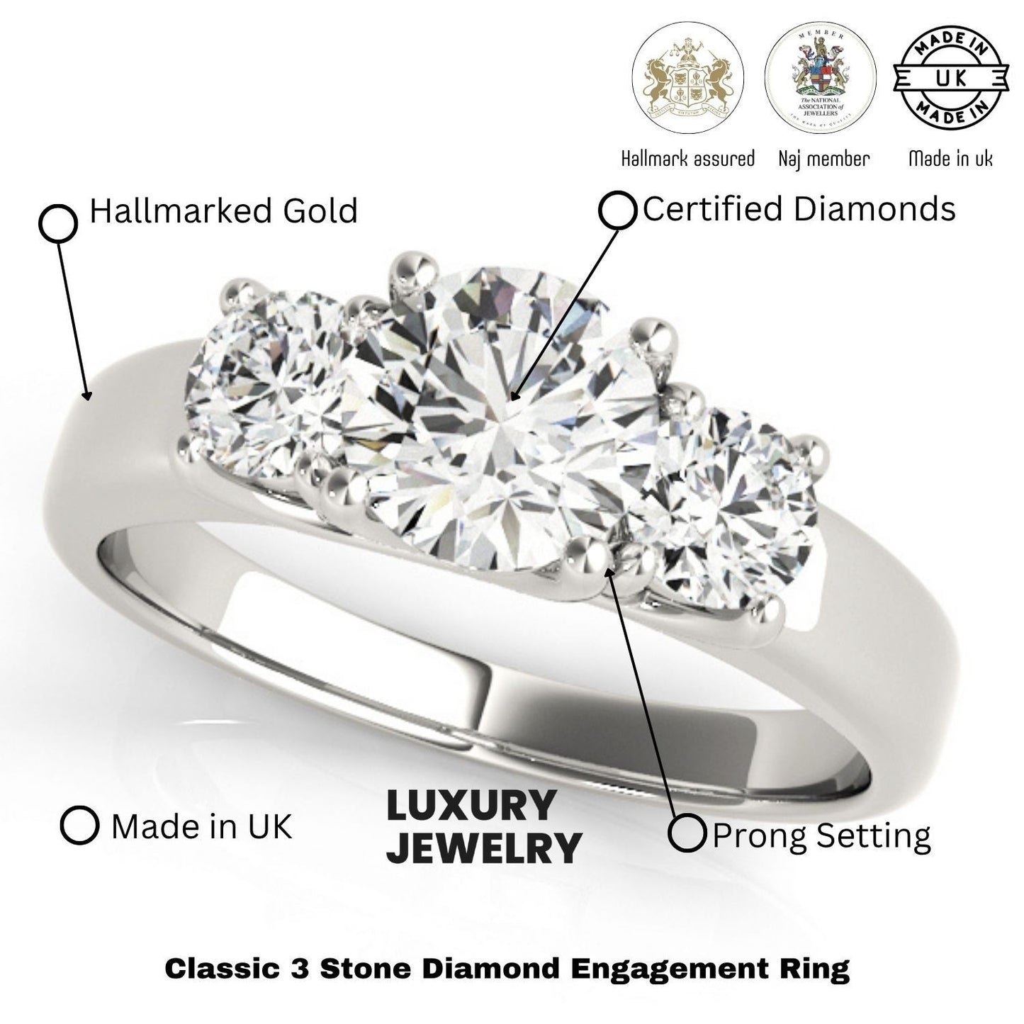 Three Stone Engagement Ring For Women In Platinum - 2CT DE/VS Lab Grown Diamond