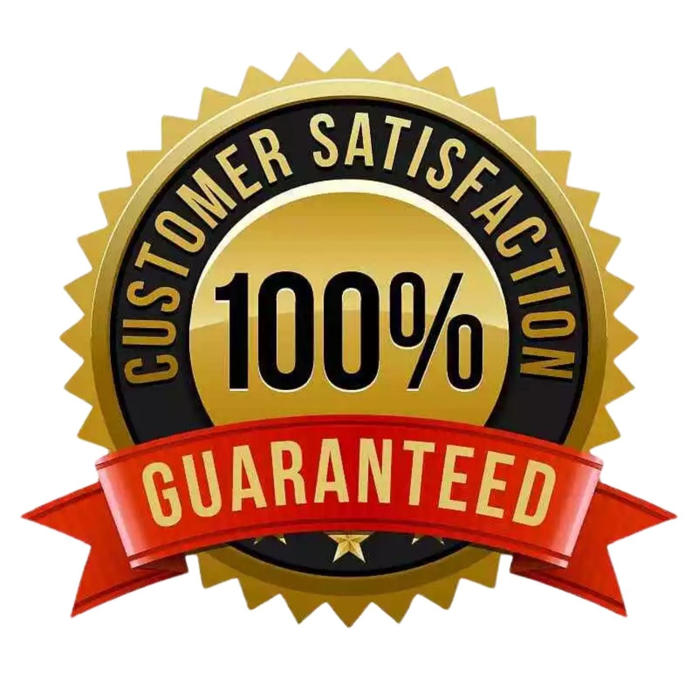 Gold and black badge with 'Customer Satisfaction 100% Guaranteed' text on a white background