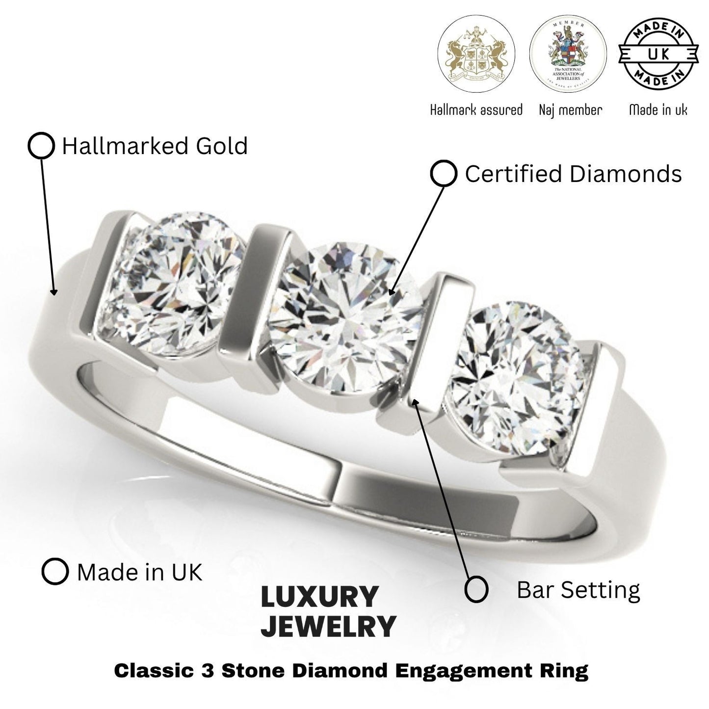 2.00Ct Lab Grown Round Diamond Bar Set 3 Stone Engagement Ring Platinum