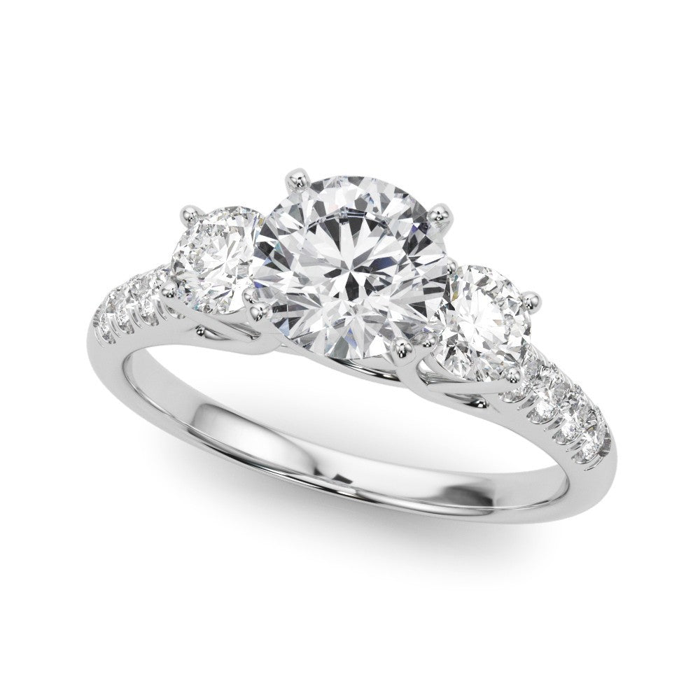 Diamond ring with three stones on a white background
