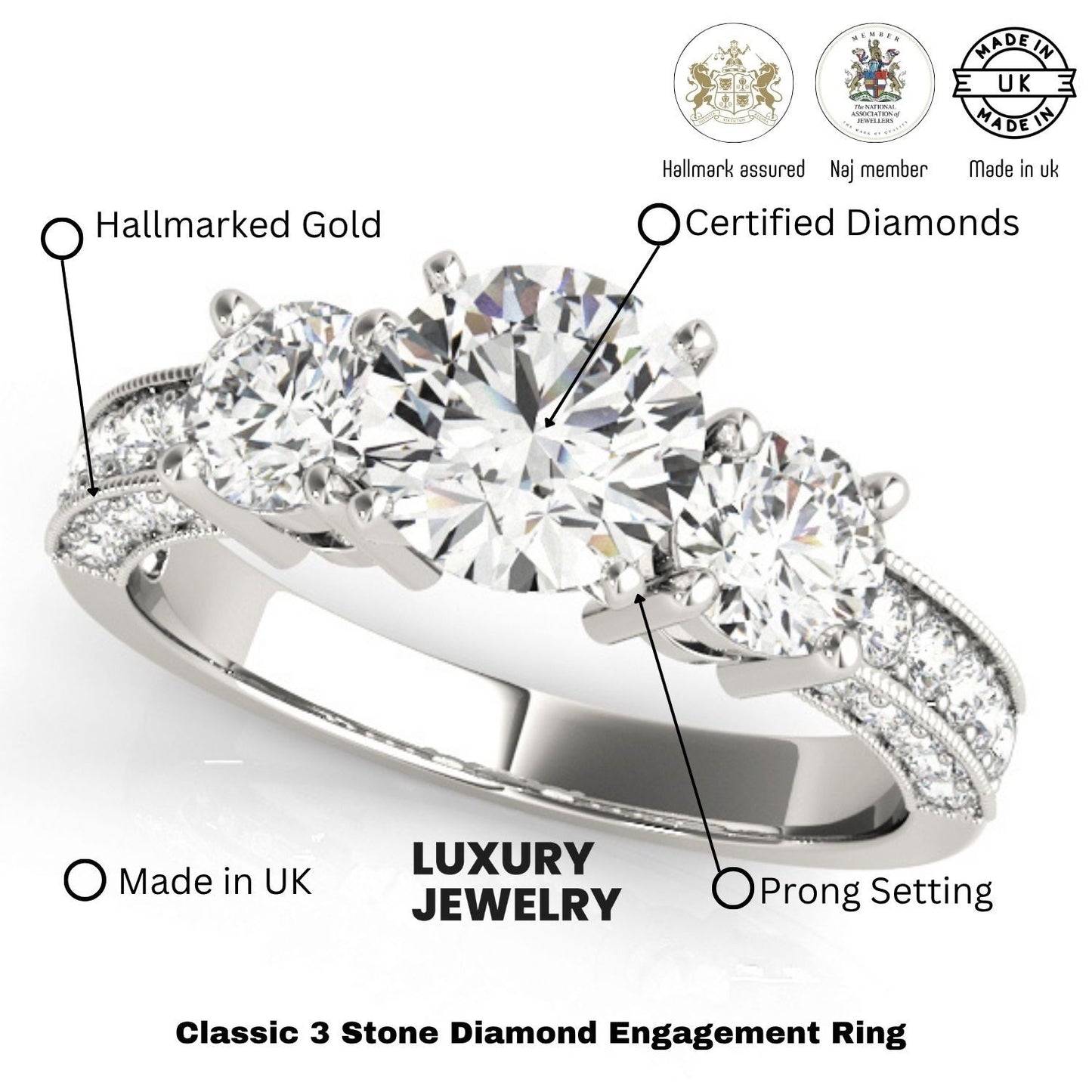 Lab Grown Round Diamond Trilogy Engagement Ring Platinum 2CT DE/VS