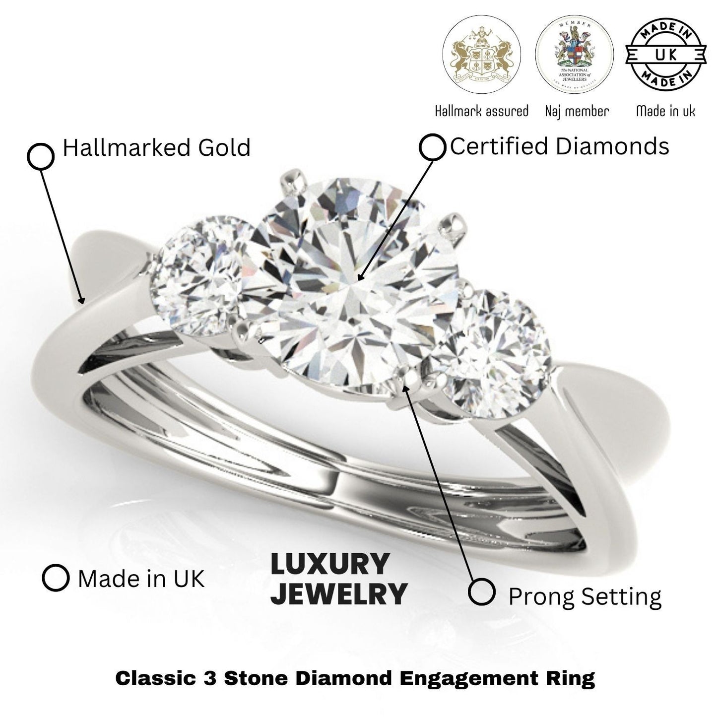 Lab Grown Round Cut Diamond Designer Trilogy Engagement Ring Platinum