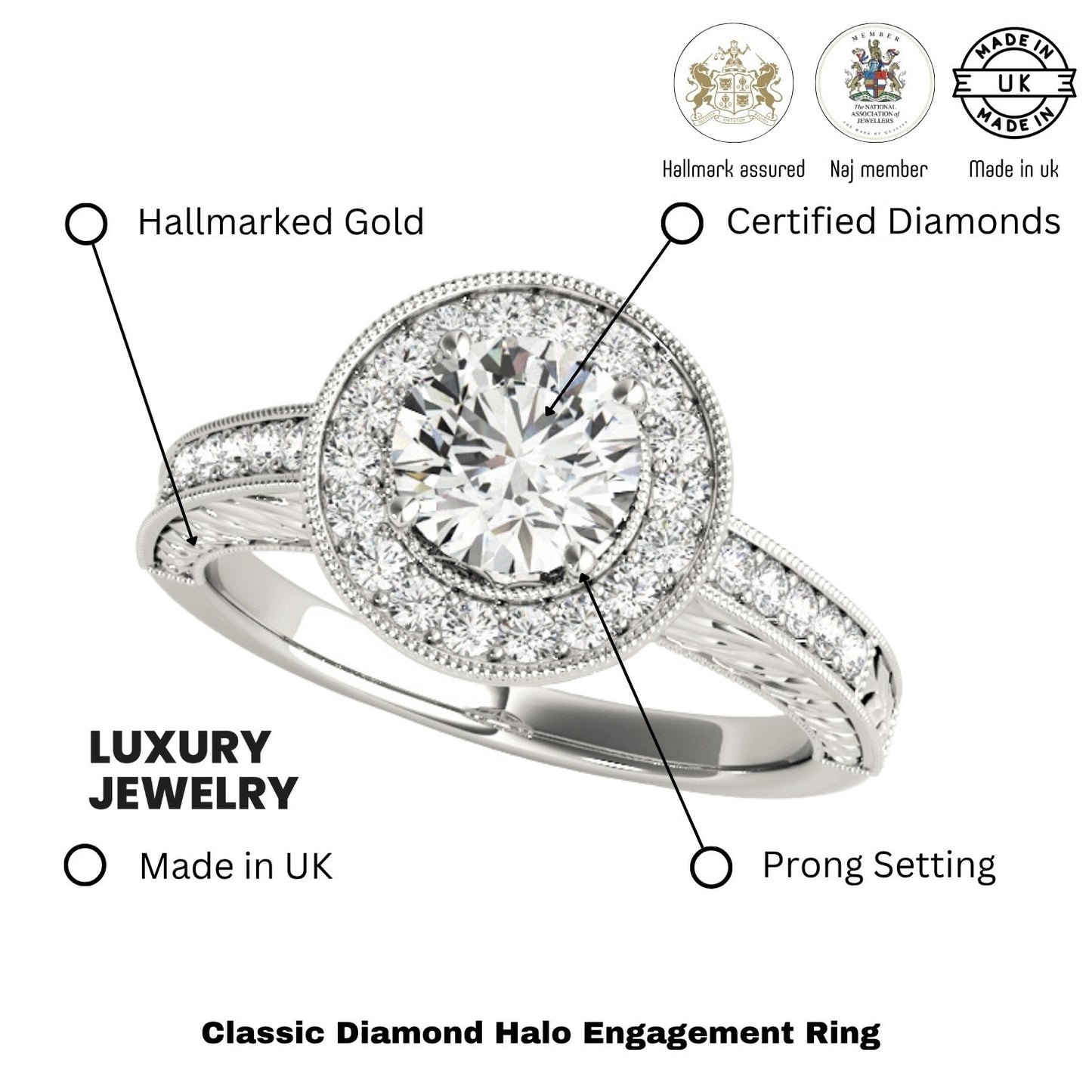Lab Grown Round Cut Diamond Halo Engagement Ring