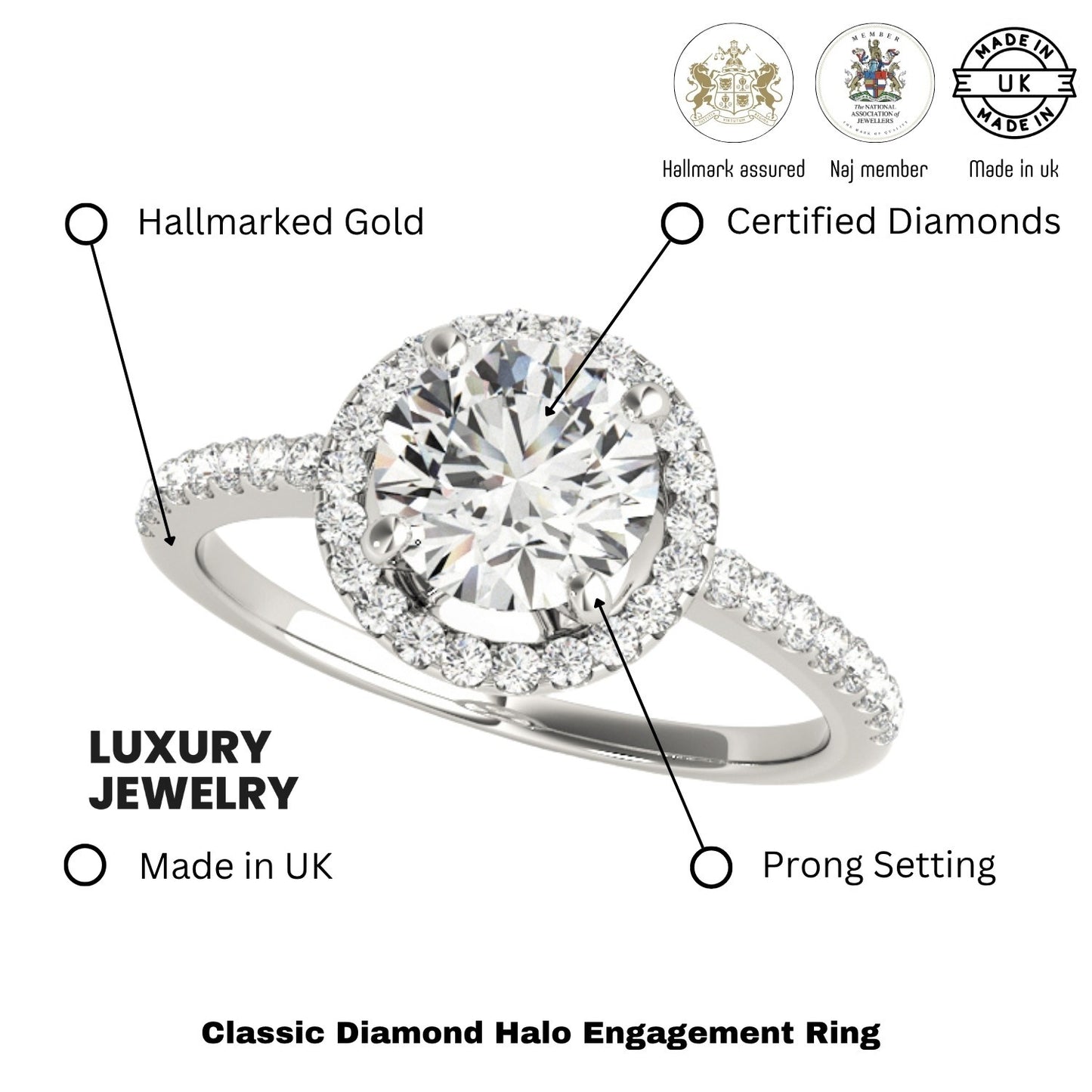 2.00 Carat DE/VS Lab Grown Round Diamond Halo Engagement Ring 18K White Gold