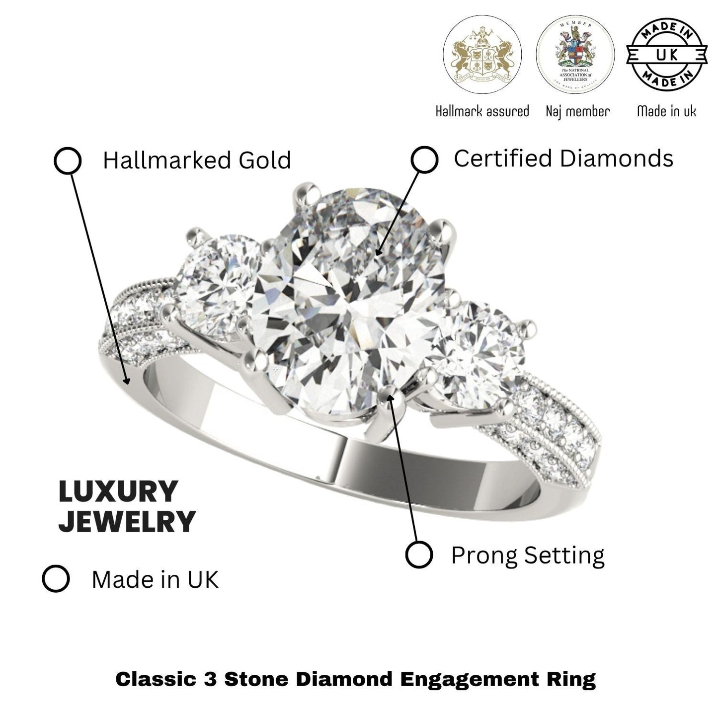 Platinum 2.00CT DE/VS Lab Grown Oval Cut Diamond Trilogy Engagement Ring