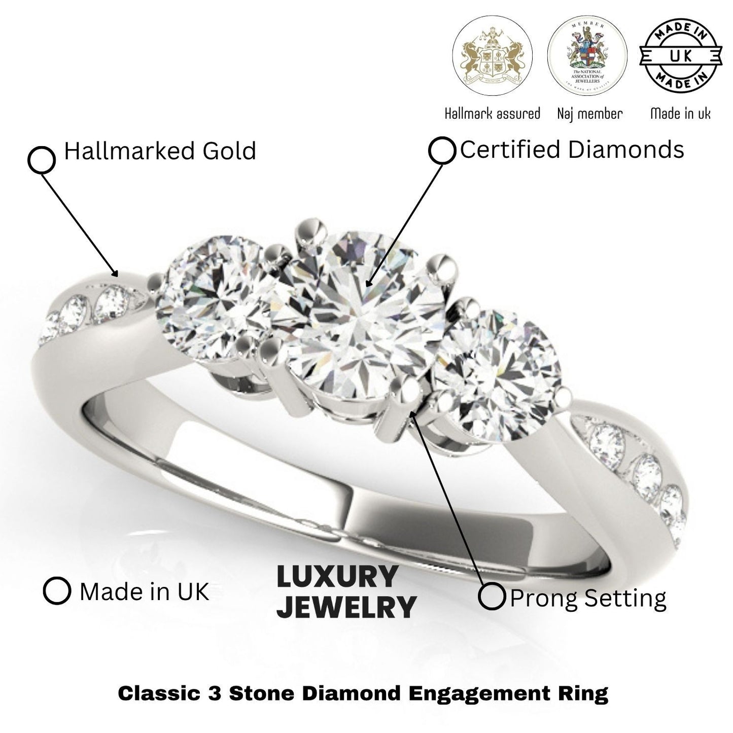 0.50Ct To 2.00Ct DE/VS Lab Grown Round Diamond 3 Stone Engagement Ring Platinum