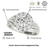 Bague de fiançailles en or blanc 18 carats avec halo de diamants ronds de laboratoire