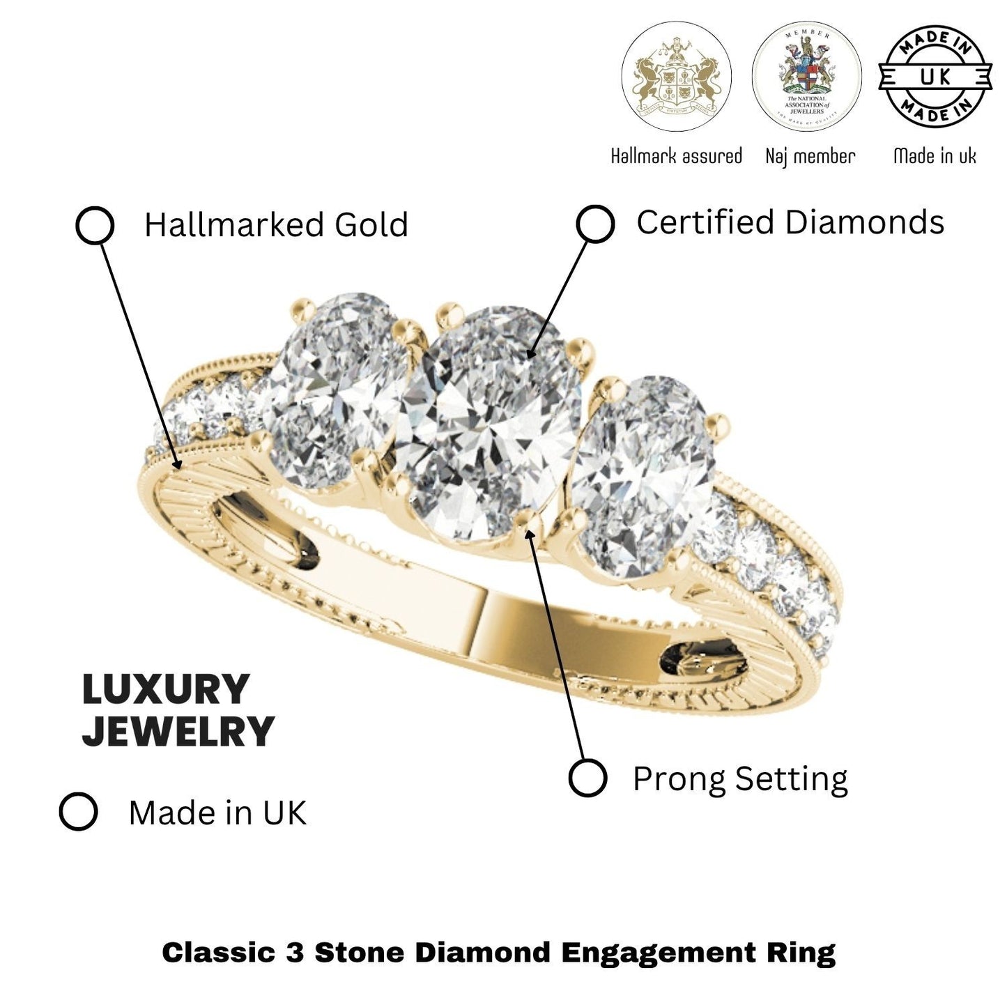 Gold ring with three diamonds, labeled for hallmarked gold, certified diamonds, prong setting, made in UK, and luxury jewelry.