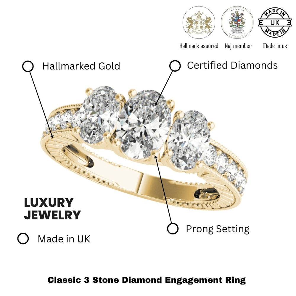 Gold ring with three diamonds, labeled for hallmarked gold, certified diamonds, prong setting, made in UK, and luxury jewelry.