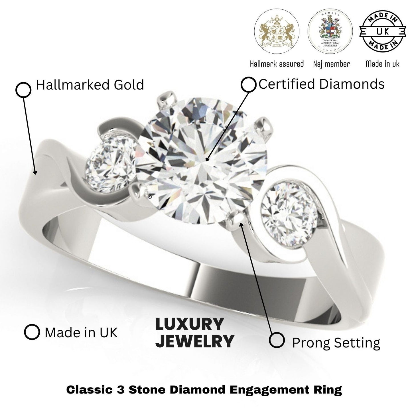 Platinum Round Diamond Designer Trilogy Engagement Ring - DE/VS 2Ct Lab Grown