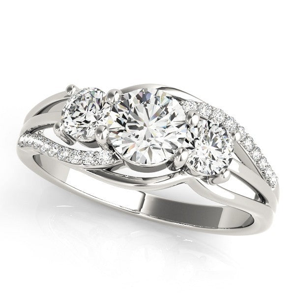 Diamond ring with three circular diamonds on a white background